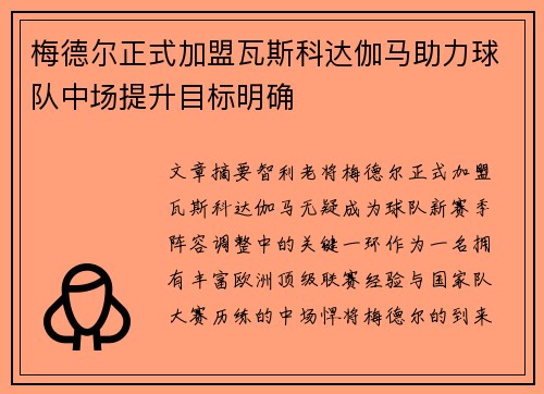 梅德尔正式加盟瓦斯科达伽马助力球队中场提升目标明确 梅德尔正式加盟瓦斯科达伽马助力球队中场提升目标明确
